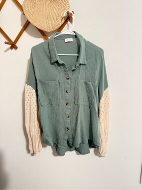 Pink Lily Sage Button-Front Top with Cream Knit Sleeves